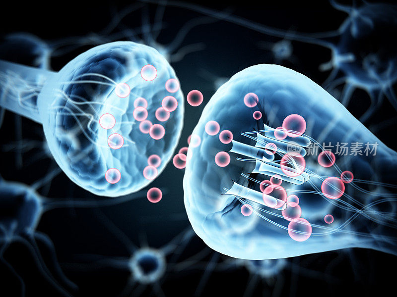 黑色背景上蓝色突触和神经元的x射线图。3 d渲染。医疗创新与科技理念